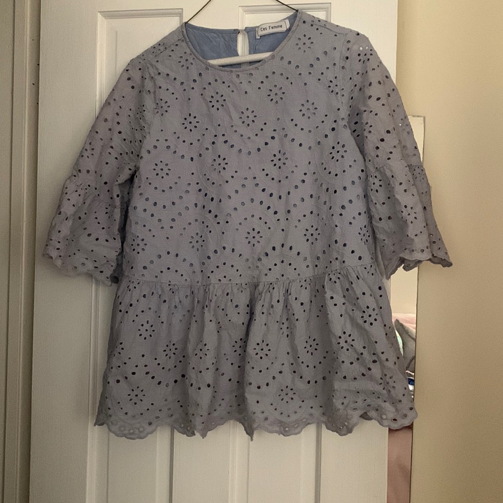 pretty powder blue eyelet top peplum style